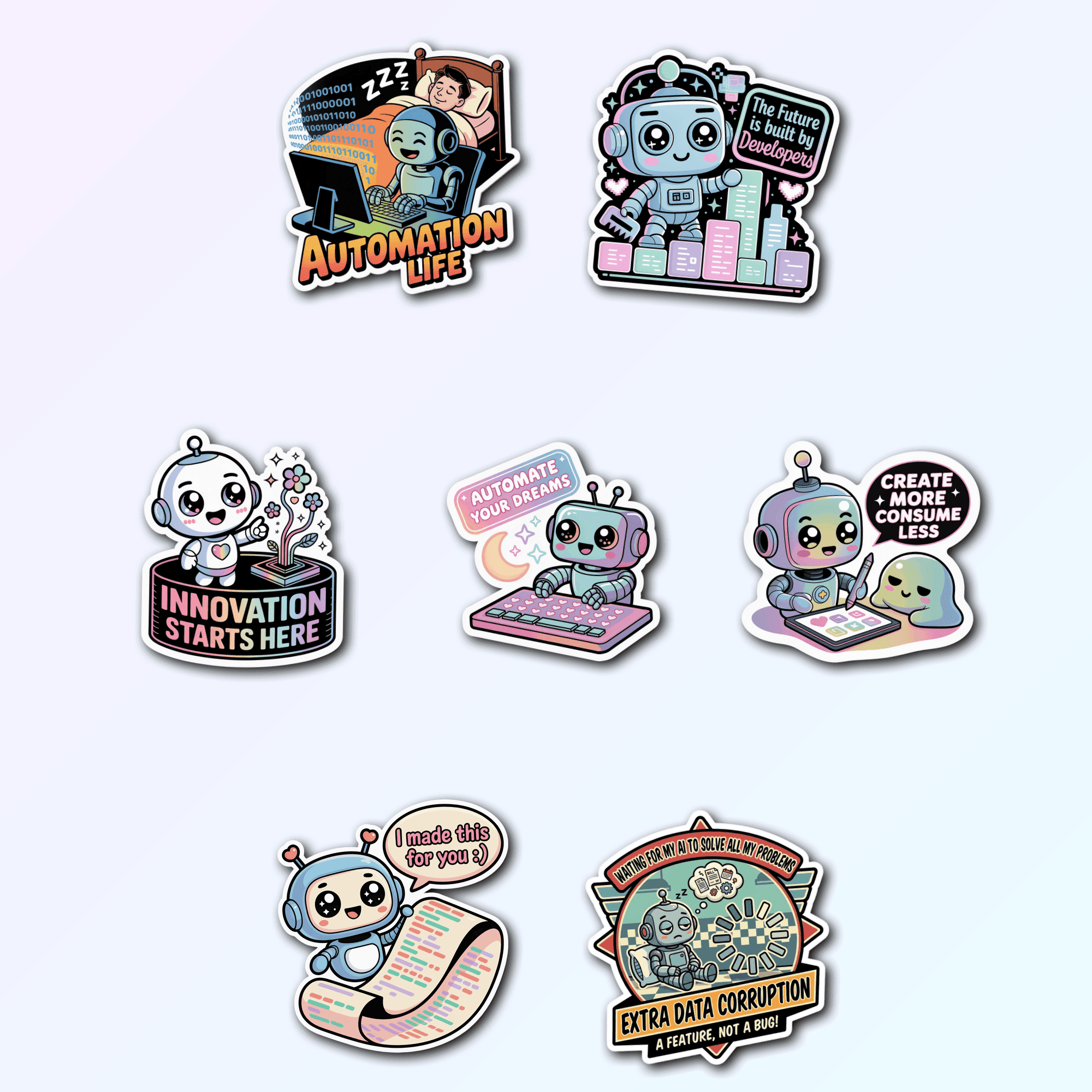 7 Cute Robot Tech Sticker Pack — Premium Vinyl Decals