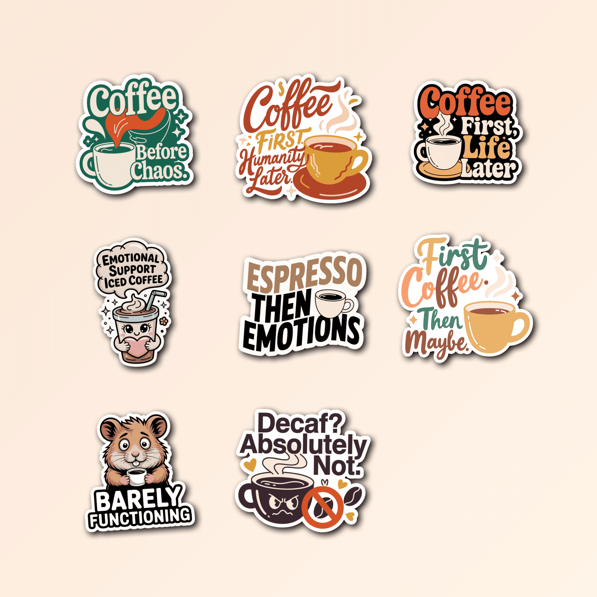 8 Funny Coffee Sticker Pack — Premium Vinyl Decals