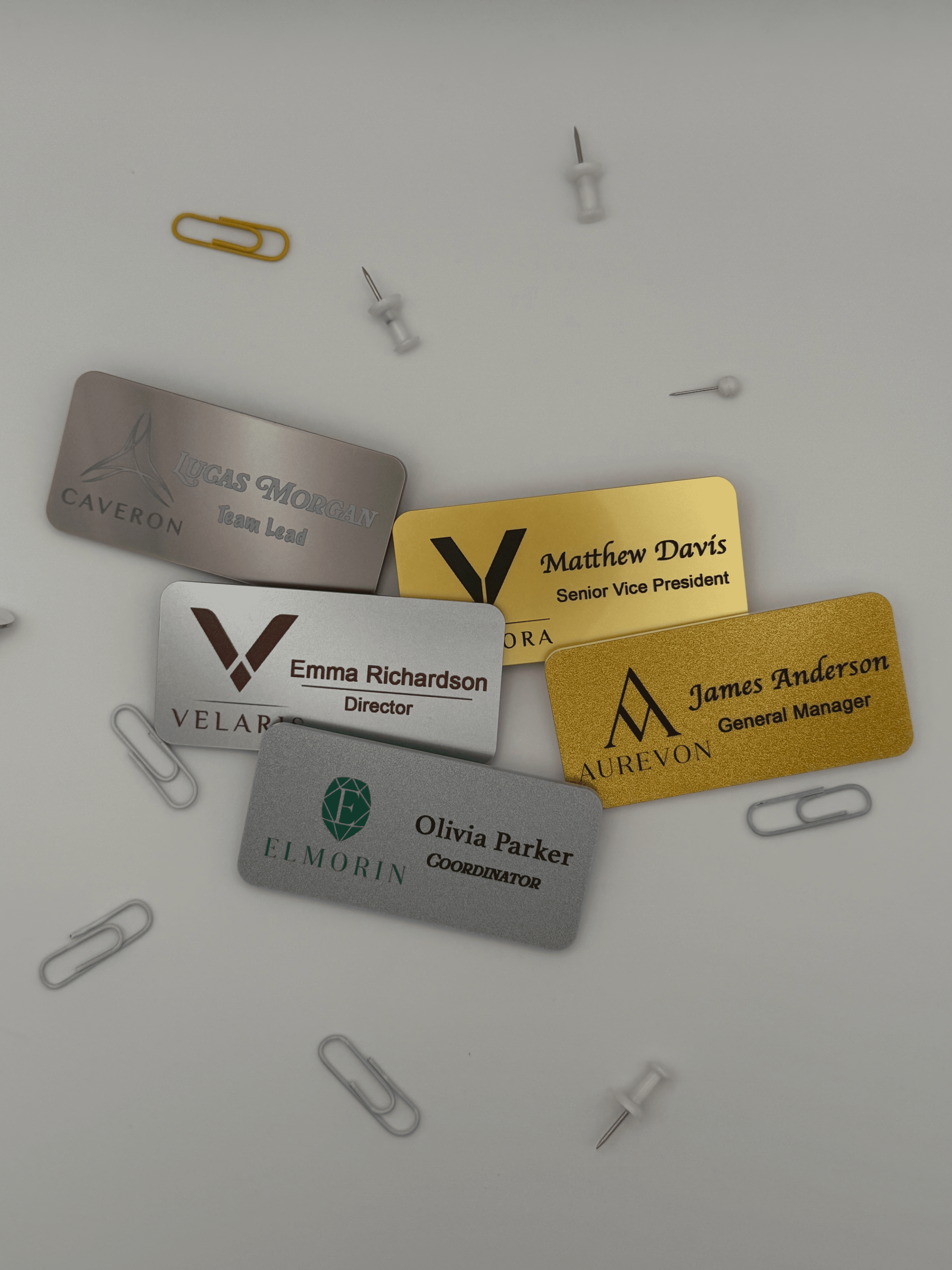 Close-up of a personalized magnetic name badge for staff