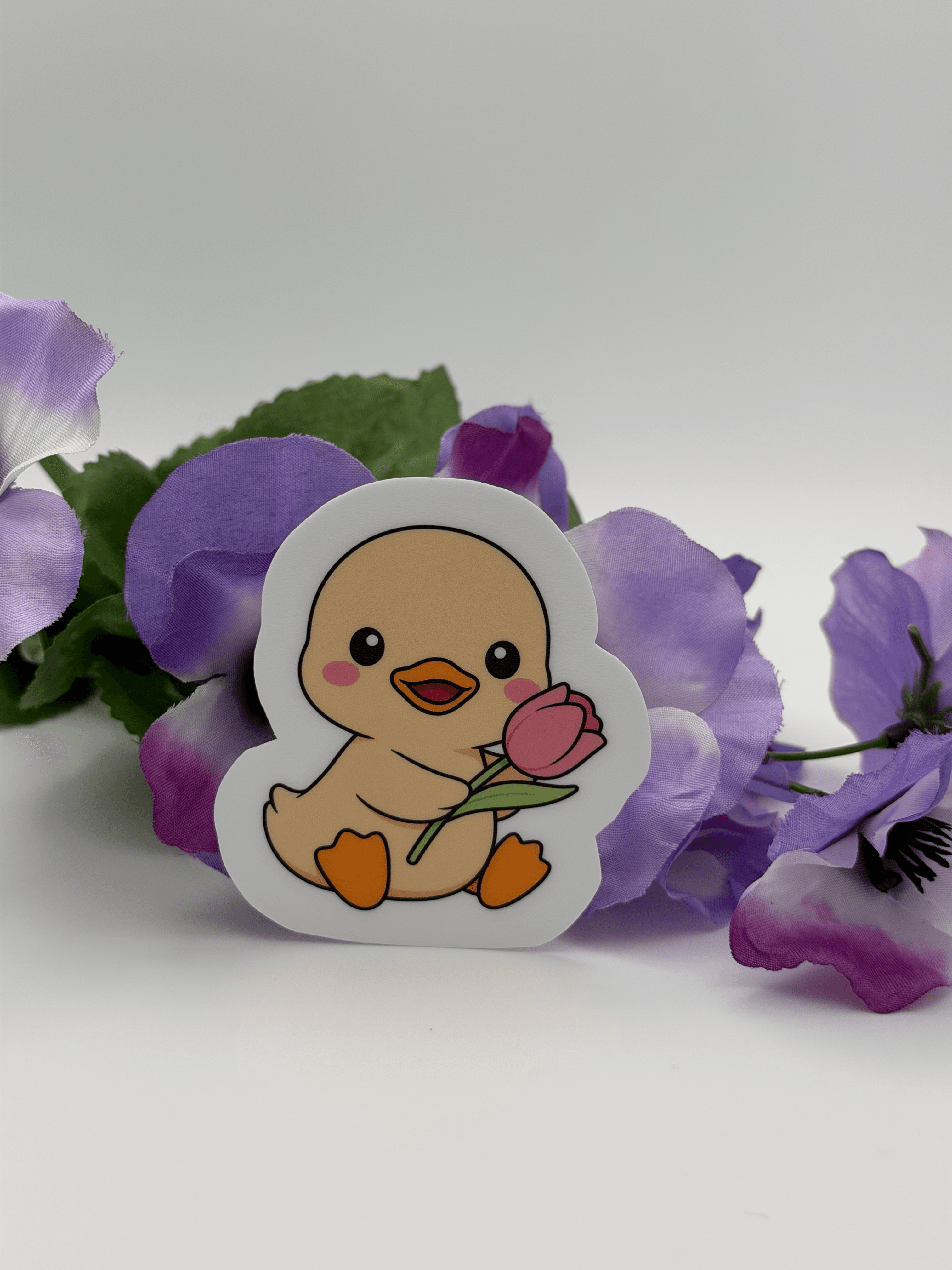 Cute Duck Vinyl Sticker with Tulip - Kawaii Baby Duck Decal