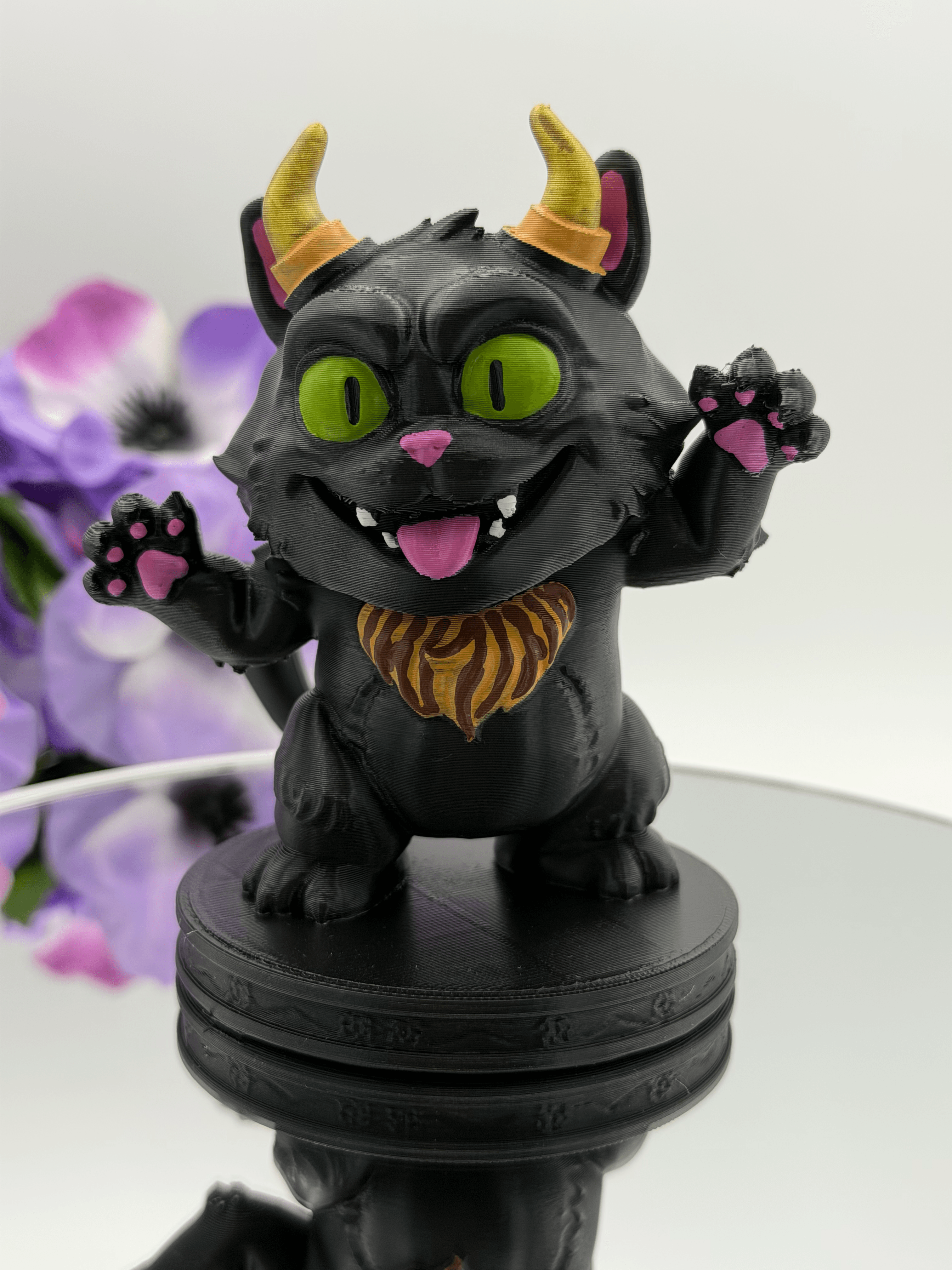 3D Printed Horned Black Cat Figure – Hand-Painted Gothic Cat Decor, Cute Fantasy Collectible