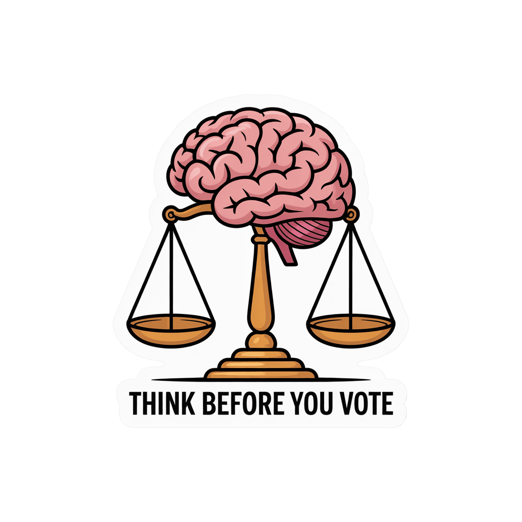 Brain and Scales Think Before You Vote Sticker