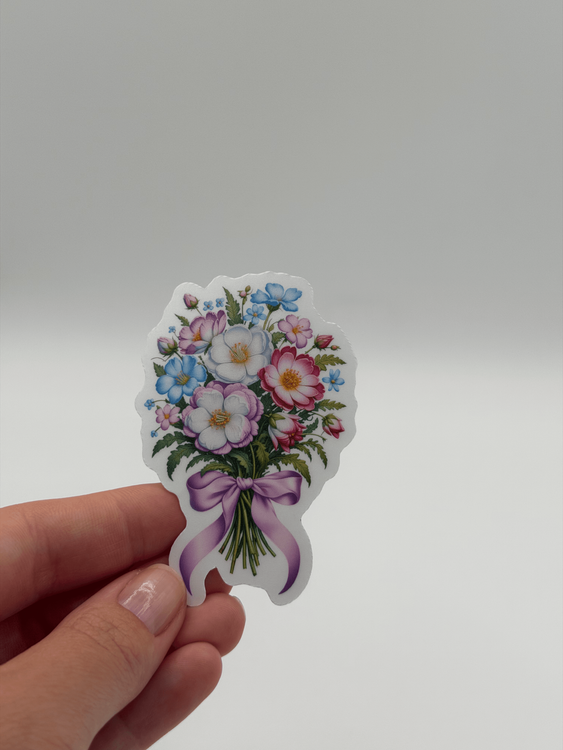 Pastel Wildflower Bouquet With Pink Ribbon Sticker