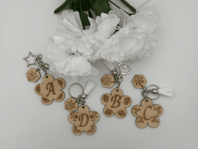 Wooden Flower Initial Keychain – Custom Engraved Letter Keyring